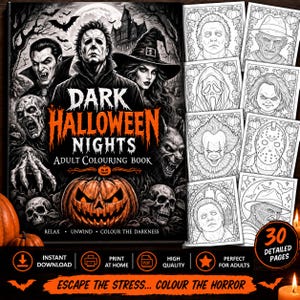 May include: A Dark Halloween Nights adult coloring book featuring illustrations of horror characters, a large jack-o'-lantern, skulls, and a haunted house. The cover displays the title in orange text, and the set includes 30 detailed pages.