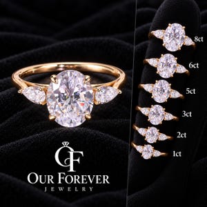 Anillo de compromiso ovalado de moissanita, plata de ley u oro macizo, tres piedras laterales en forma de pera, regalo de aniversario y renovación de votos.