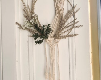 Boho wreath, gold hoop macrame wall hanging