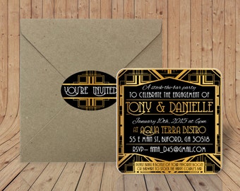 Custom Coasters - Optional Envelopes & Sealing Stickers - Great Gatsby Engagement or Birthday - Coaster Invitation - Kraft paper