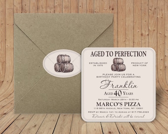 Custom Coasters - Birthday Party invitation Coasters - Optional Craft paper envelopes with matching sticker- Aged to Perfection Wine Barrels