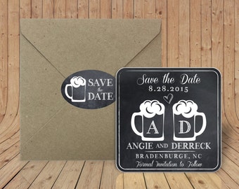 Custom Coasters - Optional Craft Envelopes & Sealing Stickers - Chalkboard Beer Mugs Save the date - Birthday Rehearsal Shower Engagement