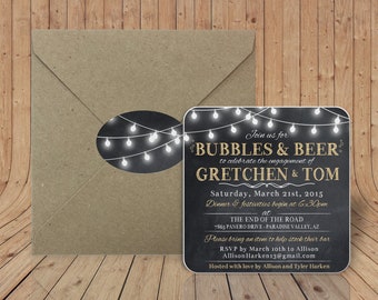 Custom Coasters - Engagement Party invitation Coasters - Optional Craft paper envelopes with matching sticker- Bubbles and Beer