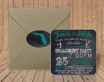 Custom Coasters -Optional Craft Envelopes & Matching Sealing Stickers -Chalkboard Invitation - Wedding Engagement Rehearsal Home State