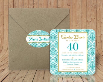 Custom Coasters - Optional Craft paper envelopes & matching sealing stickers -Damask Birthday Invitation