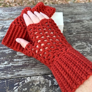May include: A pair of rust-colored fingerless gloves crafted with a crochet technique. The gloves feature a ribbed cuff at the wrist and an open, airy lattice stitch pattern covering the hand, leaving the fingers exposed for full dexterity.