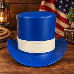 Blue Faux Leather Top Hat, White Band Cowboy Style Hat, Tall Cylinder Hat, Western Costume Hat, Festival and Party Accessory