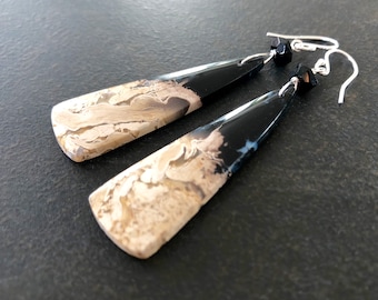 Palm Root Earrings, Fossilized Palm Root, Natural Stone, Long Dangle Earrings, Black Crystal, Sterling Silver, Luxe Jewelry  1646