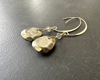 Pyrite Earrings, Silver Stone, Natural Stone, Nugget Earrings, Crystal, Dangle Earrings, 14k Gold Filled, Gift for Her, Gift Under 75, 1954