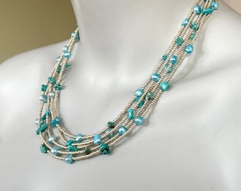Turquoise Statement Necklace, Aqua Freshwater Pearl, Multi Strand, Boho Necklace, Blue and Silver, Gift for Her, Gift Under 100, 1975