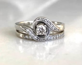 Vintage Diamond Rings, Wedding Ring Set, Engagement Ring, Wedding Ring, 10k White Gold, Sz 5