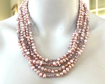 Freshwater Pearl Necklace, Lavender Pearl Multistrand, Pearl Statement Necklace, Sterling Silver, Gift for Her, 1983
