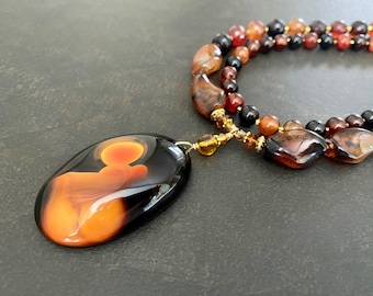 Chunky Statement Necklace, Agate Pendant, Dream Agate, Orange Stone Necklace, Natural Stone, Gift for Her, Double Strand, Gift for Her  1875