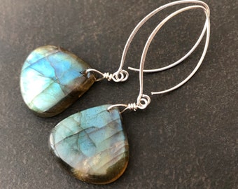 Labradorite Earrings, Blue Labradorite, Statement Earrings, Natural Stone, Sterling Silver, Long Dangle, Boho Jewelry, Gift for Her  1849