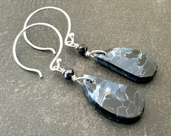 Pietersite Earrings, Navy Blue Stone, Statement Earrings, Natural Stone, Sterling Silver Earrings, Gift for Her, Gift Under 100, 1981