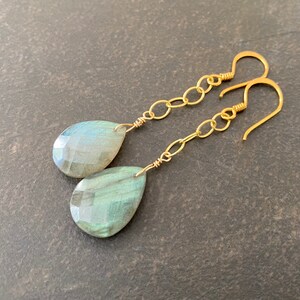 Labradorite Chain Earrings, Natural Stone, 14k Gold Filled, Teardrop Earrings, Long Dangle Earrings, Gift for Her, Gift Under 100  1926