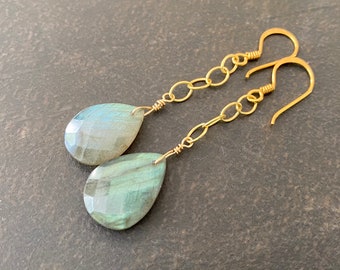 Labradorite Chain Earrings, Natural Stone, 14k Gold Filled, Teardrop Earrings, Long Dangle Earrings, Gift for Her, Gift Under 100  1926