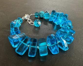 Chunky Crystal Bracelet, Aqua Crystal Nuggets, Blue Statement Bracelet, Pave Crystal, Sterling Silver, Gift for Her, Gift Under 100, 1973