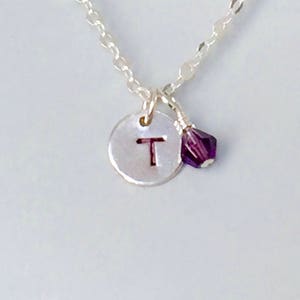 Puede incluir: Un collar de plata con un pequeño colgante redondo con la letra "T". Una cuenta de cristal púrpura facetada cuelga junto al colgante. La cadena es delicada, sobre un fondo blanco.