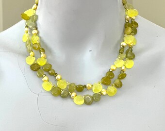 Lemon Lime Necklace, Lime Green Jade, Lemon Yellow Chalcedony, Freshwater Pearls, Sterling Silver, Double Strand, Gift for Her 1955