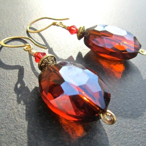 Crystal Statement Earrings, Chunky Crystal, Red Crystal, Cognac Crystal, 24K Gold Vermeil, Sparkly Dangle Earrings 1032