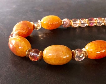 Chunky Statement Necklace, Dragon Veins Agate, Mystic Crystal, Natural Stone, Orange Necklace, Sparkly Necklace, Boho Chic  1765