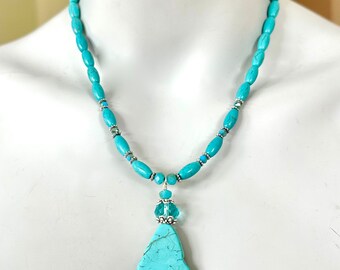 Turquoise Statement Necklace, Turquoise Slab Pendant, Turquoise and Crystal, Aqua Blue Stone, Gift Under 100, Gift for Her, 1987