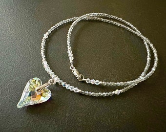 Swarovski Crystal Necklace, Heart Necklace, Natural Labradorite, Sterling Silver, Dainty Necklace, Gift for Her, Gift Under 100, 1977
