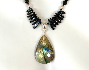 Labradorite Necklace, Chunky Statement Necklace, Tribal Necklace, Black Onyx, Boho Jewelry, Gift for Her, 1976