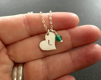 Initial Necklace, Stamped Initial, Hand Stamped, Silver Heart, Personalized Jewelry, Sterling Silver, Birthstone Crystal Add On   1384