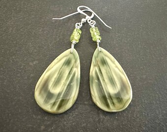 Green Stone Earrings, Olive Imperial Jasper, Peridot Accents, Sterling Silver Dangle, Boho Earrings, Gift for Her, Gift Under 100, 1974