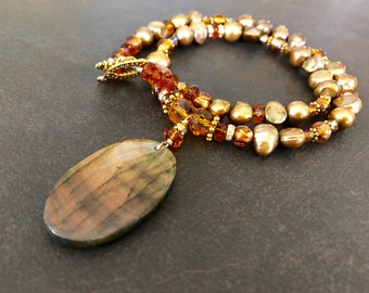 Labradorite Necklace, Freshwater Pearl Necklace, Statement Necklace, Gold Labradorite, Topaz Crystal, Boho Chic, Beaded Necklace  1727