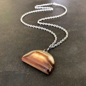 Men&#39;s Stone Necklace, Banded Onyx Agate Pendant, Natural Stone, Necklace for Men, Unisex Necklace, Stainless Steel, Half Moon Necklace  1498