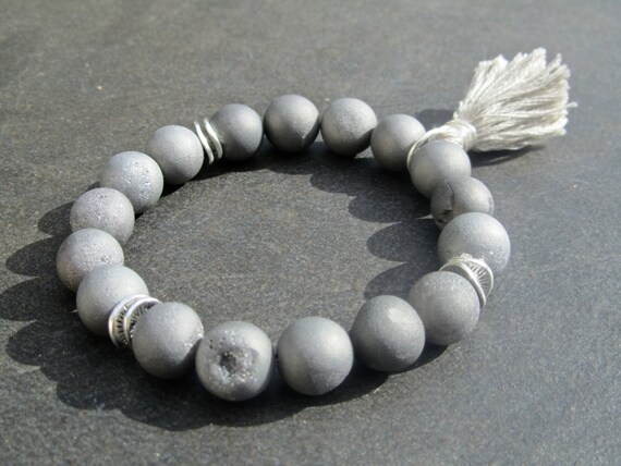 Stretch Tassel Bracelet, Silver Titanium Druzy, Silver  display picture 1
