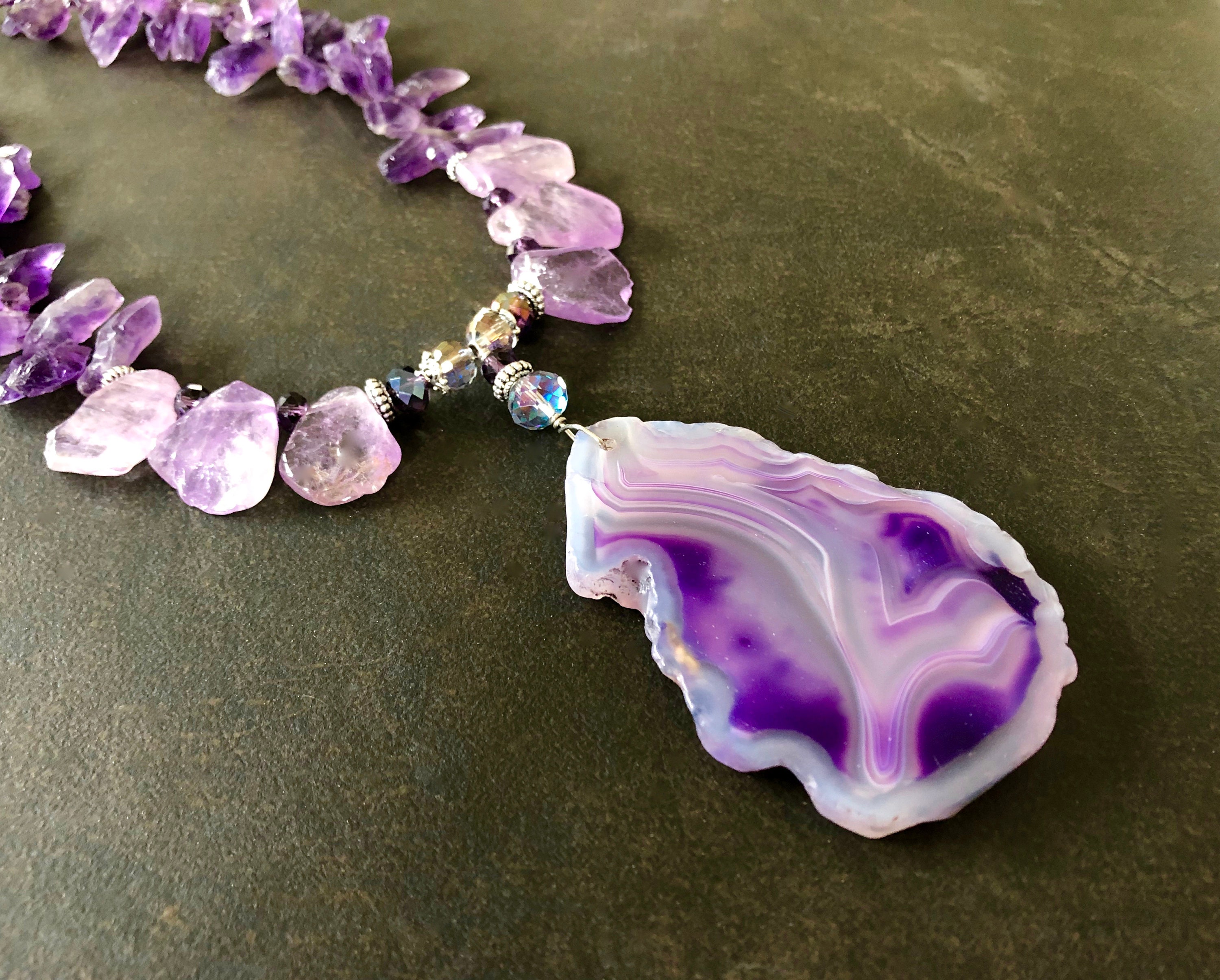 purple agate amethyst handmade beaded gemstone necklace boho jewellery