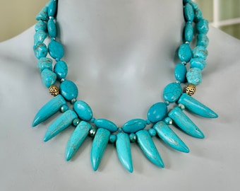 Turquoise Statement Necklace, Chunky Turquoise, Aqua Stone, Tribal Necklace, Boho Chic, Double Strand, Gift for Her,  1959