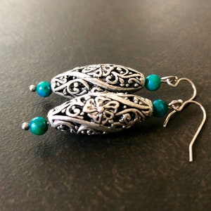 Boho Earrings, Statement Earrings, Azurite Chrysocolla, Blue Green Stone, Antique Silver, Sterling Silver, Long Dangle, Prairie Ice  1753