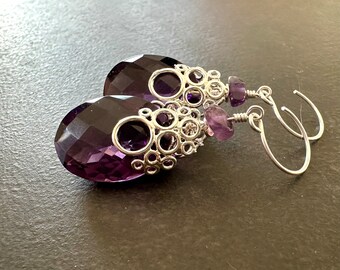 Amethyst Quartz Earrings, Sterling Silver Bubble Earrings, Dangle Earrings, February Birthstone, Gift for Her, Gift Under 75   1956