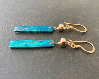 Turquoise Azurite Earrings, Stick Earrings, Long Dangle Earrings, Natural Stone, Aqua Stone, 24k Gold Vermeil, Gift for Her  1907