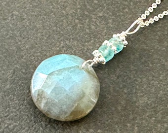 Labradorite Necklace, Blue Flash Stone, Apatite Gemstone, Sterling Silver Chain, Layering Necklace, Gift for Her, Gift Under 50, 1982