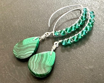 Malachite Earrings, Green Stone Earrings, Long Statement Earrings, Emerald Crystal, Sterling Silver, Gift for Her, Gift Under 100, 1972