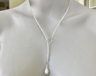 Lariat Necklace, White Jade Necklace, Herkimer Diamonds, Sterling Silver, Adjustable Necklace, Gift Under 100, 1941