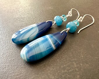 Boho Blue Stone Earrings, Blue Banded Agate Teardrops, Genuine Aquamarine, Crystal, Sterling Silver, Natural Stone, Dangle Earrings  1961