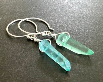Crystal Point Earrings, Quartz Spikes, Aqua and Green Crystal, Sterling Silver Dangle Earrings, Gift for Her, Gift Under 50, 1988