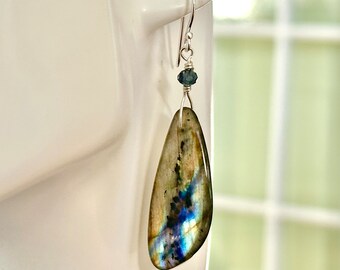 Labradorite Earrings, Statement Earrings, Blue Crystal, Sterling Silver, Dangle Earrings, Gift for Her, Gift Under 100, 1979