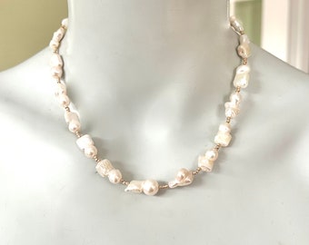 Baroque Pearl Necklace, White Pearls, Pearls and Gold, 14k Gold Filled, Modern Pearl Necklace, Gift for Her, 1978