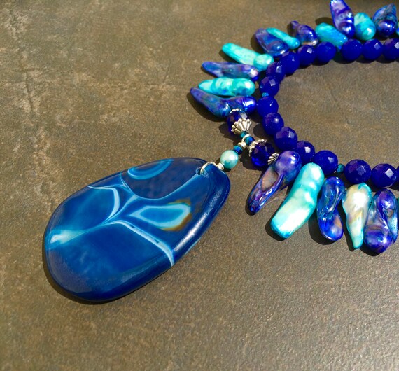 Buy Blue Stone Necklace Chunky Statement Necklace Big Agate Pendant Cobalt Blue Jade Faceted Jade Shell Pearls Double Strand 1426 Online in India Etsy
