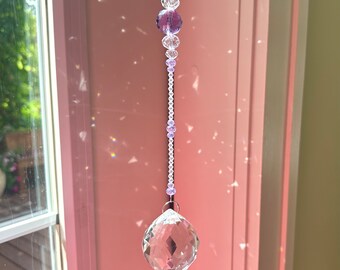 Large Crystal Sun Catcher, Crystal Prism Ornament, Clear and Lavender Crystal, Purple Crystal, Window Ornament, Unique Gift Under 100, 1970S