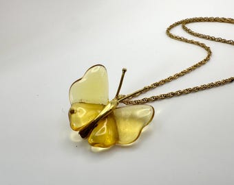 Vintage Avon Yellow Lucite Butterfly Necklace, Adjustable, EUC
