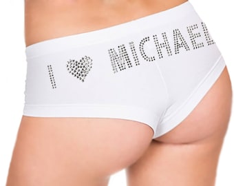 Personalized Rhinestone Panties • I Love Custom Name Lace Edge White Cheeky Panty